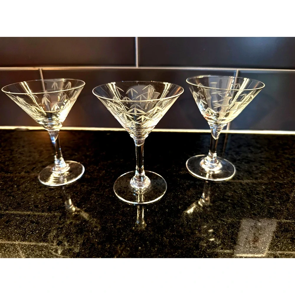 Noritake Sasaki Bamboo Set of 3 Liquor Cocktail Glasses Multi-Faceted Stem Vintg